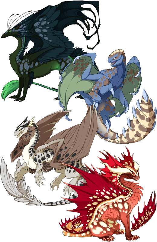 A selection of dragons displaying the Gecko genes. From top to bottom: A Skydancer male pose dragon in dark greens and blue-greens, a Dusthide male pose dragon with desaturated blue and green with an ivory tail, a Fathom female pose dragon in shades of brown and grey, and a Sandsurge female pose dragon in shades of Red and orange.