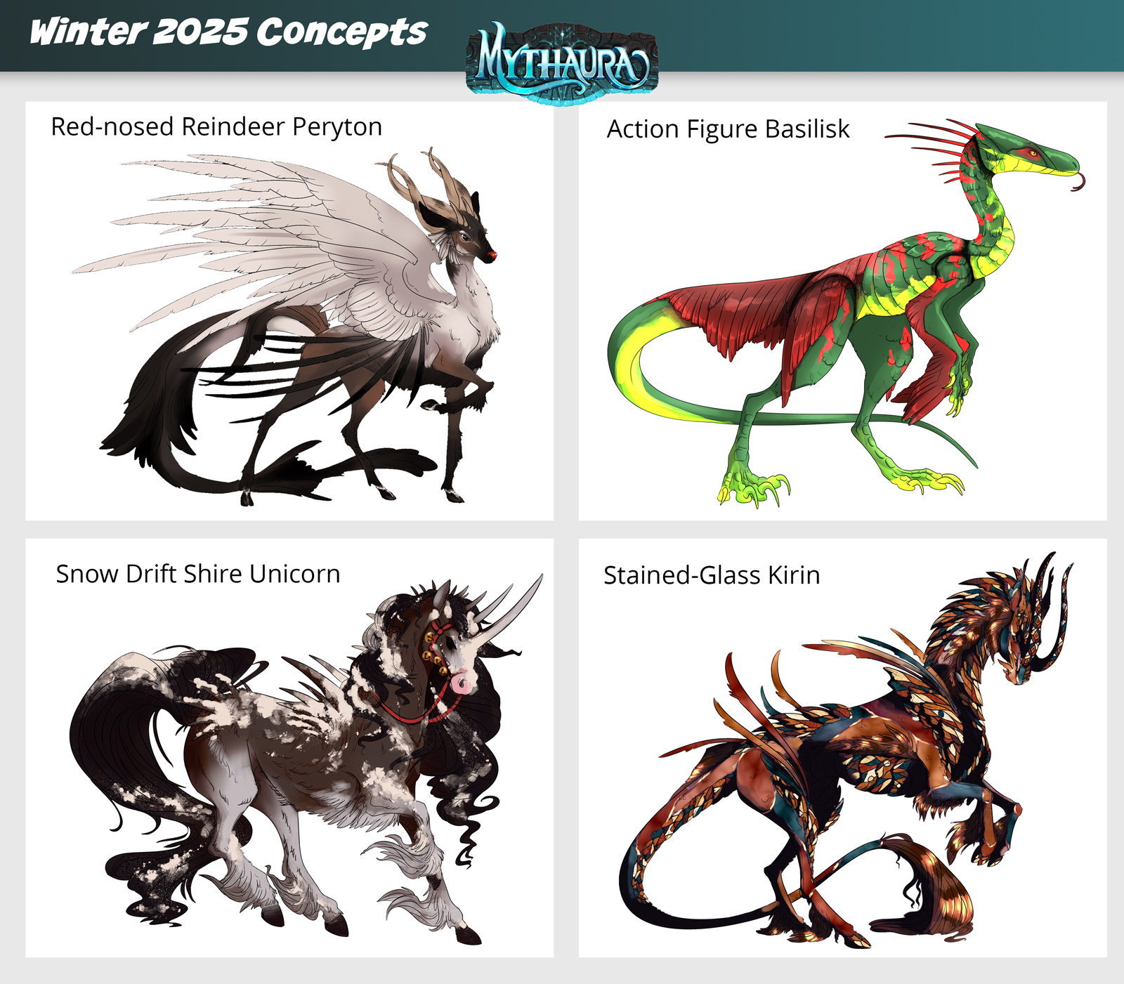 Winter 2025 Glamour concepts: a red-nosed reindeer adult Peryton; a green, red, and yellow action figure adult Basilisk; an adult Unicorn with shire horse markings and red reins; an adult Kirin made out of stained glass