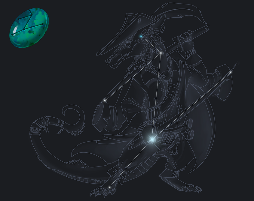 A constellation of a dashing pirate Kobold, a creature with reptilian and mammalian features. A blue and green Chrysocolla stone is engraved with the Reaver constellation.